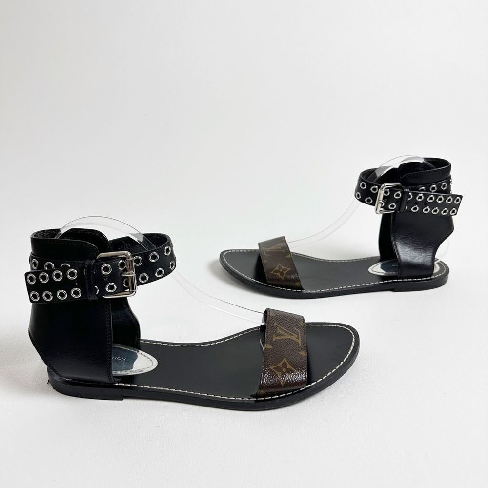 LOUIS VUITTON Ocean Drive Flat Sandals 40 US 9.5 Black Brown Monogram Leather - Picture 7 of 13
